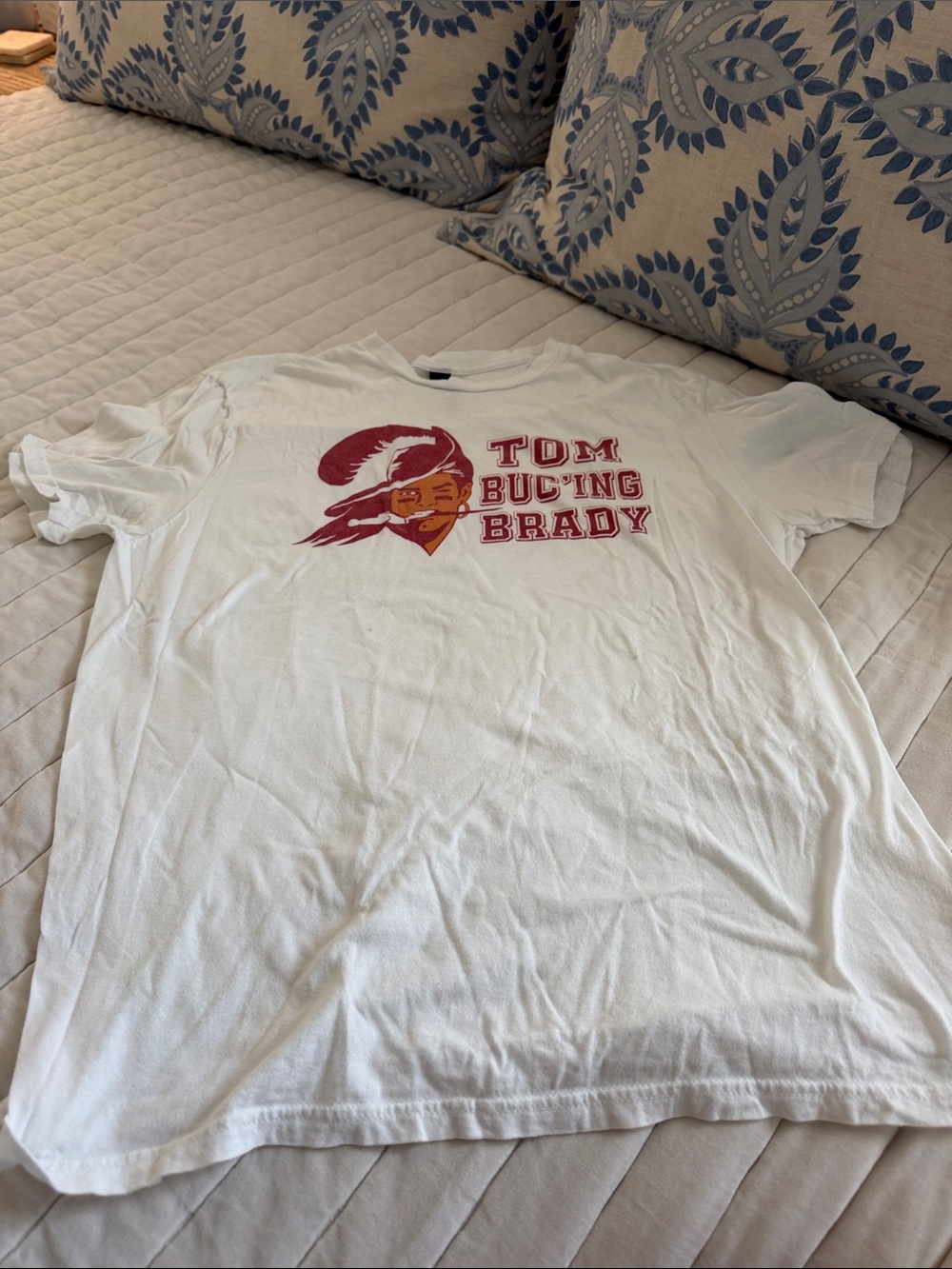 White Graphic Tee with Red & Gold Football Logo